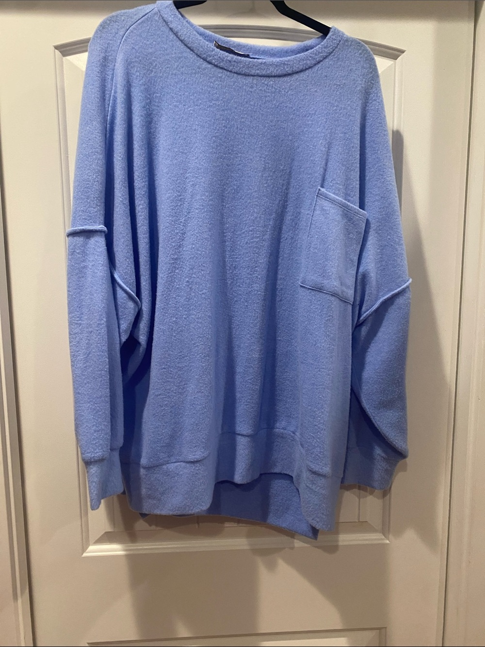 Zenana Cozy Relaxed Crewneck Sweater with Front Pocket — Light Blue